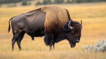 Majestic Bison Grazing in Vast Grassland Expanse of Ranch Country