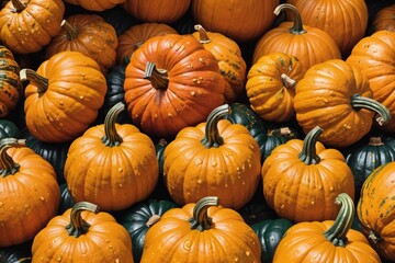 Autumnal orange pumpkins pile high in a festive harvest scene