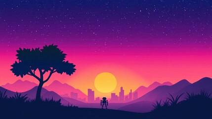 A lone robot strides through a vibrant, starry night, headed towards a sleek, futuristic city in a cartoonish style.