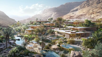 Desert Oasis Resort with Modern Architecture  Infinity Pools and Palm Trees