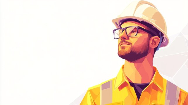 Construction Engineer Man Wearing a Yellow Uniform, Glasses, and White Safety Helmet. Architect in Hard Hat. Isolated Polygonal Vector Illustration on White Background. Modern Geometrical Style. 