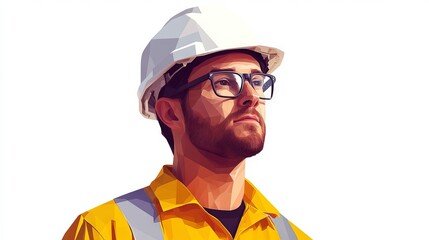 Fototapeta premium Construction Engineer Man Wearing a Yellow Uniform, Glasses, and White Safety Helmet. Architect in Hard Hat. Isolated Polygonal Vector Illustration on White Background. Modern Geometrical Style. 