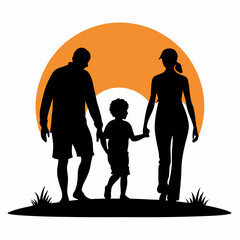 Family Silhouette Strolling at Sunset  Vector Art