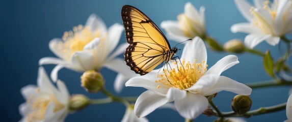 Yellow Butterfly Perched on White Flower with Blue Background