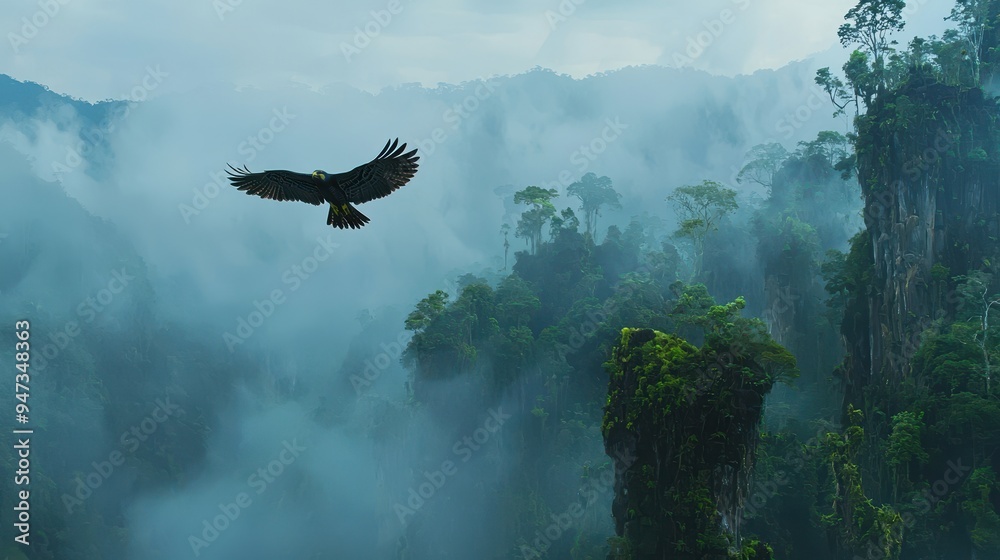 Poster Majestic Eagle Soaring Above Misty Mountain Peaks