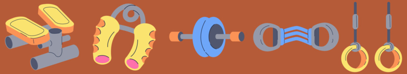 Fitness and Athletics accessories: Hand Grip, Step Machine, and other sports equipment. Design elements perfect for poster, invitation, sticker kit. Vector illustration