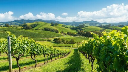Fototapeta premium Lush Green Vineyard Landscape with Rolling Hills and Blue Sky