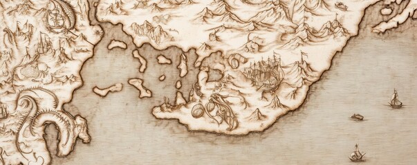 A detailed engraving of a Renaissance-era map with intricate details and sea monsters, old engraving, map, Renaissance