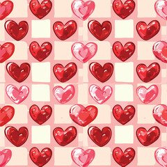 Red love heart seamless pattern illustration set. Cute romantic checkered pink hearts background print collection. Valentine's day holiday backdrop texture, checker board romantic design. 