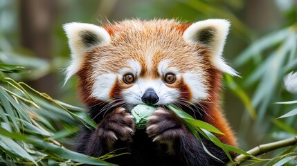 Obraz premium Cute Red Panda Eating Bamboo in Forest