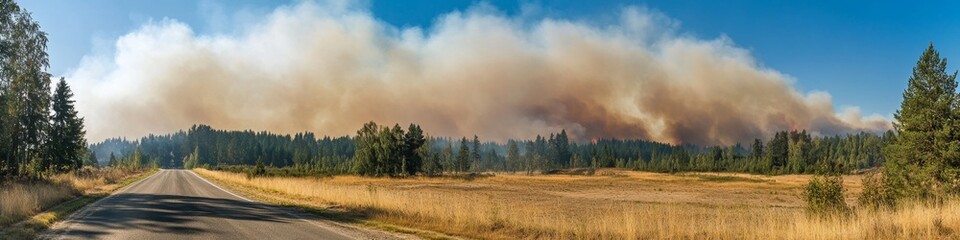 Environmental Contrast: Serene Blue Sky and Lush Green Forest Juxtaposed with Ominous Wildfire Smoke on Road. Nature's Beauty Meets Climate Crisis in Striking Visual Metaphor for Environmental Awarene