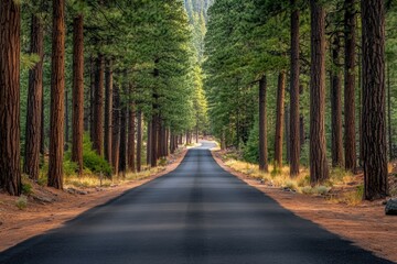 Obraz premium Empty road through dense pine forest