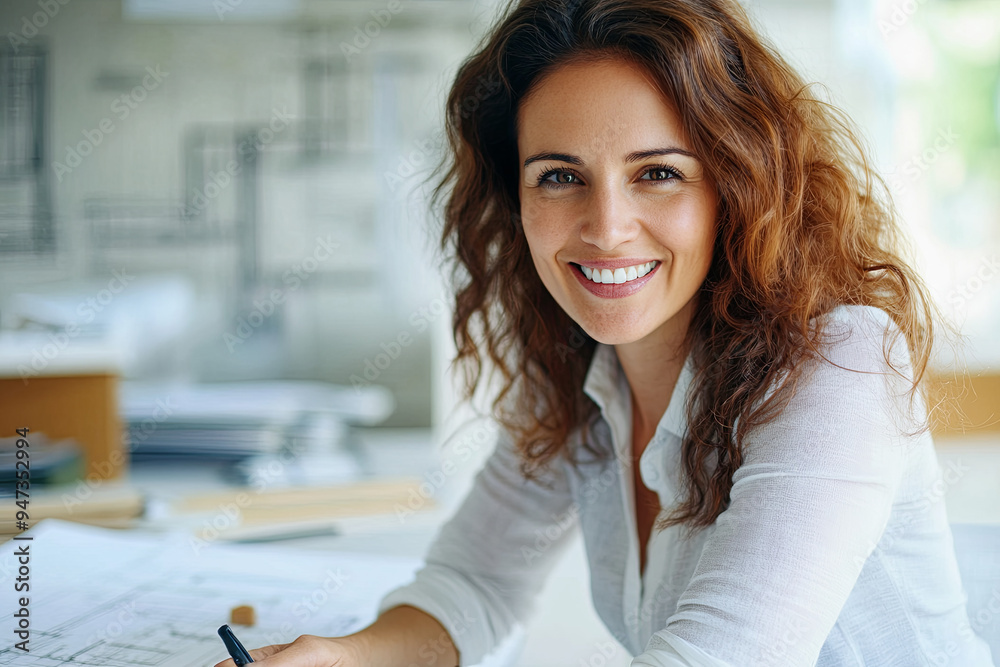 Wall mural Portrait of a smiling woman working on a construction plan in an office