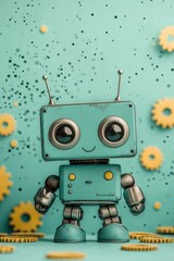 Cute Blue Robot with Cog Wheels on Teal Background