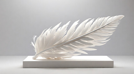 A 3D sculpture of a suspended, floating feather, rendered in delicate, smooth white with intricate details, against a plain white background, symbolizing lightness, freedom, and the transient nature 