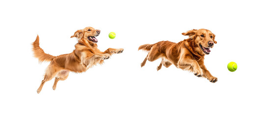 Set of golden retriever dogs playing with tennis ball, jumping and flying in mid air, isolated on white background. Detail.