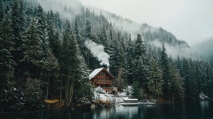 Fototapeta premium Cozy Cabin in Snowy Forest with Foggy Mountains and Lake