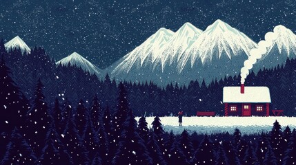 Cozy Cabin in Snowy Mountains Night Landscape