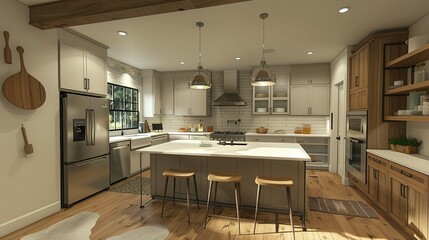 Fototapeta premium Modern Kitchen with Wooden Accents and Stainless Steel Appliances
