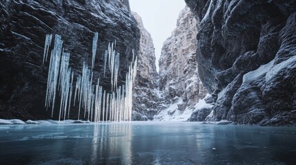 Icicles Hang from Cliffside Over a Frozen Lake