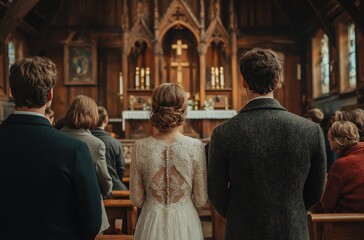 A beautiful wedding in an old wooden church, the bride and groom stand at their altar with their backs to us.