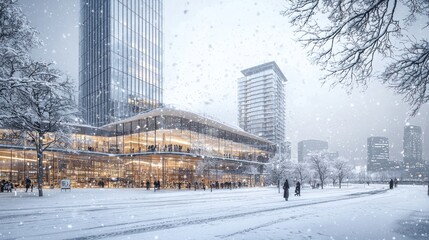 Modern Glass Building in Snowy Cityscape