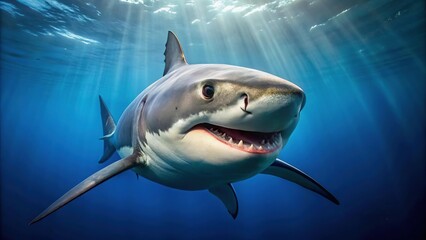 A stunning underwater portrait of a great white shark, its sharp features illuminated by the bright blue ocean, a mesmerizing sight to behold.