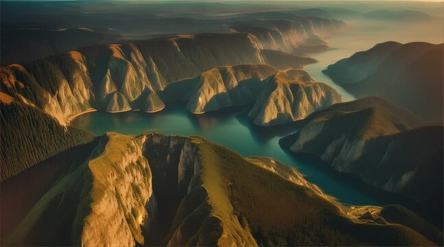 3D rendering of sunrise over mountains and river landscape with warm sunlight. Beautiful landscape vector illustration of mountain lake with dense forest, meadow banks tall trees and snow.