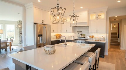 Modern Kitchen Island with White Cabinets and Geometric Light Fixtures