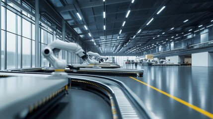 Obraz premium group of robotic arms on a conveyor belt in a modern factory for production