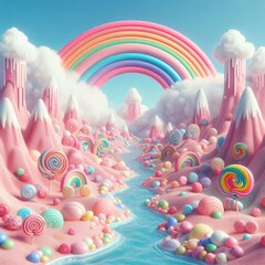 A surreal candy landscape with pink mountains rainbow and fluffy clouds under a blue sky and sugar river. Sweet wonderland kid child fantasy concept
