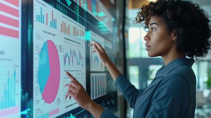Business consultants analyze financial audit on interactive screens