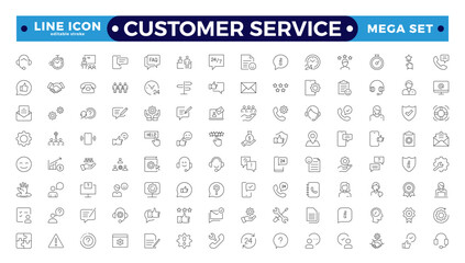 Customer Service and Support Outline Icon Collection. Thin line modern style of customer service icons: feedback, technical support, assistance, information, and more. Editable stroke outline icon. 