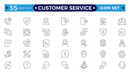 Customer Service and Support Outline Icon Collection. Thin line modern style of customer service icons: feedback, technical support, assistance, information, and more. Editable stroke outline icon. 