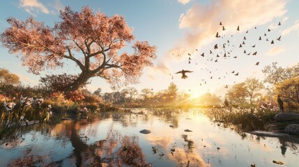 Obraz premium Birds Flying Over Calm Lake in Sunset with Autumn Tree and Reflection