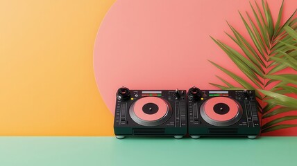 International Music Day, DJ setup with turntables, vibrant celebration decor, 3D illustration