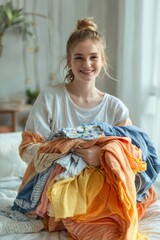 Young woman sitting bed pile clothes front her Beautiful young w