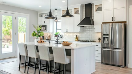 Modern Kitchen Island with White Cabinets and Pendant Lights