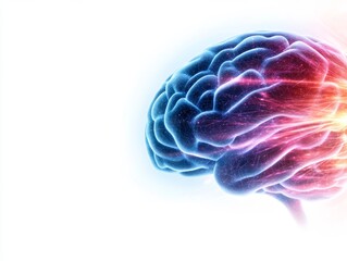 A detailed of a glowing brain, representing intelligence and creativity against a clean white background.