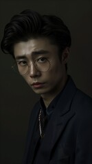 Fototapeta premium Refined and Intellectual Asian Young Professional in Formal Attire Contemplating Thoughtfully