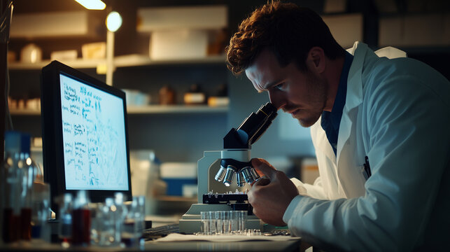 Male Forensic Specialist Doctor is observing DNA sample under microscope, laboratory background with test tubes, computer and whiteboard full of notes, Ai generated Images