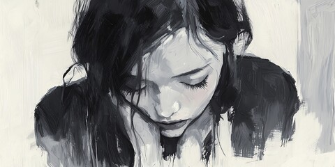 Fototapeta premium A contemplative portrait of a young woman, capturing emotion and introspection in a minimalist black and white style.