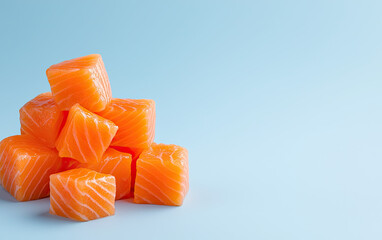 Fresh salmon cubes stacked on a light blue background, ideal for culinary and food photography.