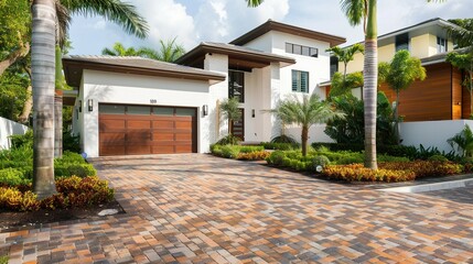 Modern Home in Miami: Brick Driveway with Landscaping and Palm Trees, Featuring a White and Brown Garage Door
