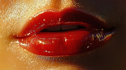 Close-up of Glossy Red Lips with Golden Shimmer