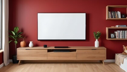 A large flat screen TV mounted on a red wall above a wooden TV stand with drawers.
