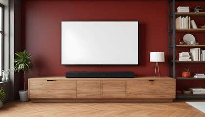 A large flat screen TV mounted on a red wall above a wooden TV stand with drawers.