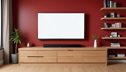 A large flat screen TV mounted on a red wall above a wooden TV stand with drawers.