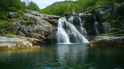 Obraz premium Cascading Waterfall into a Tranquil Pool in a Green Forest