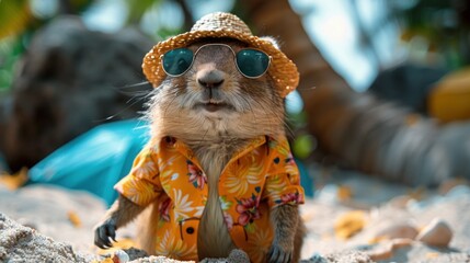 Naklejka premium Gopher Beach Party: Hawaiian Shirt, Straw Hat and Sunglasses, Dancing on Beach with Paws Up, Perfect for Hotel Beach Vacation Advertising